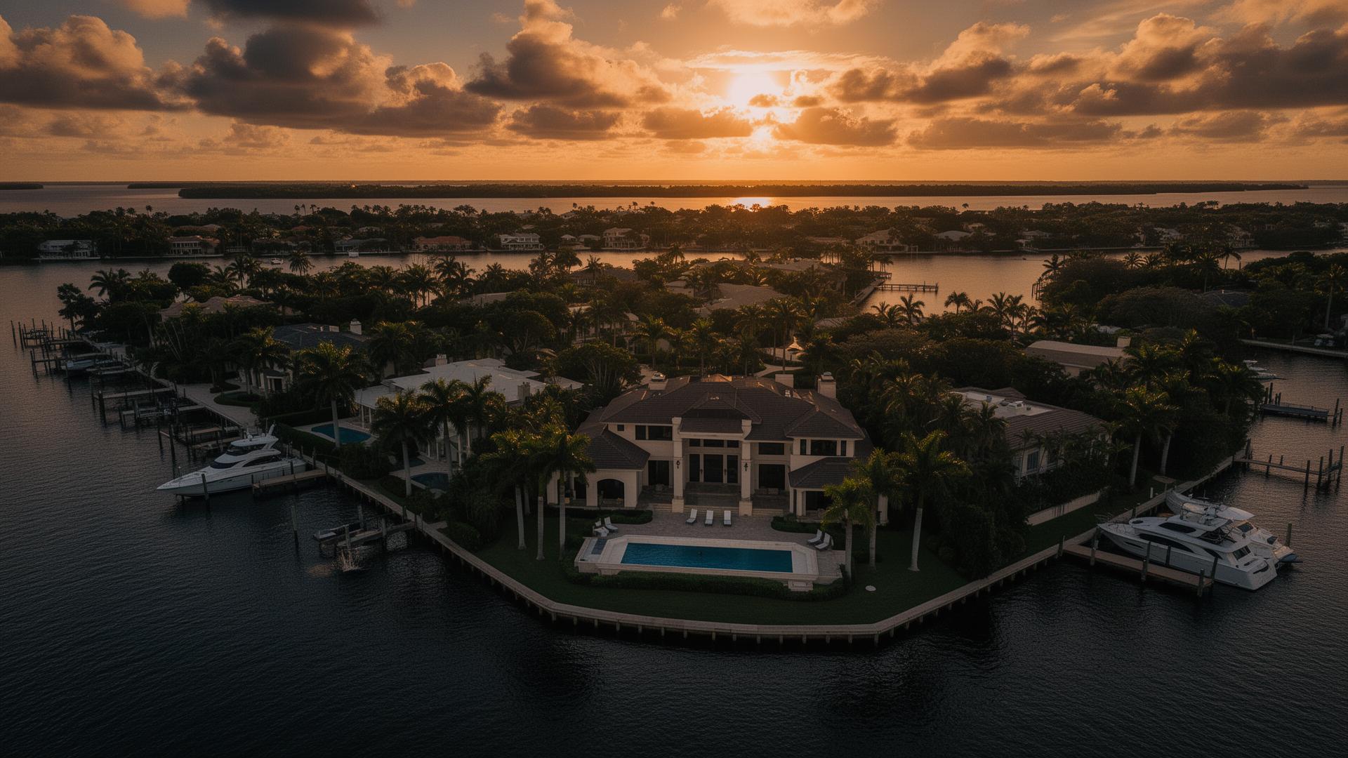 Aerial view of luxury Florida waterfront estate at sunset